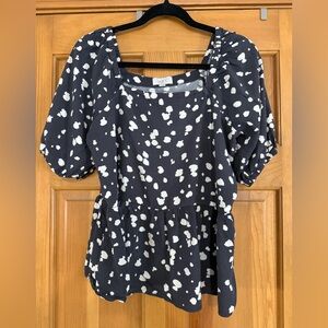 LOFT Outlet Black White Abstract‎ Dot Peplum Top Women’s Medium Puff Sleeve